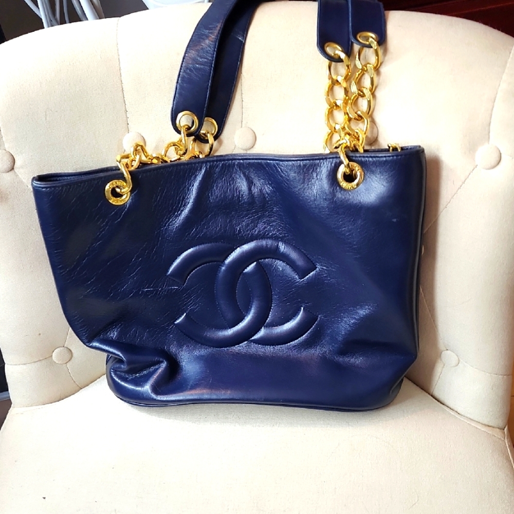 Chanel Navy Blue Leather Tote Bag with Gold Chain